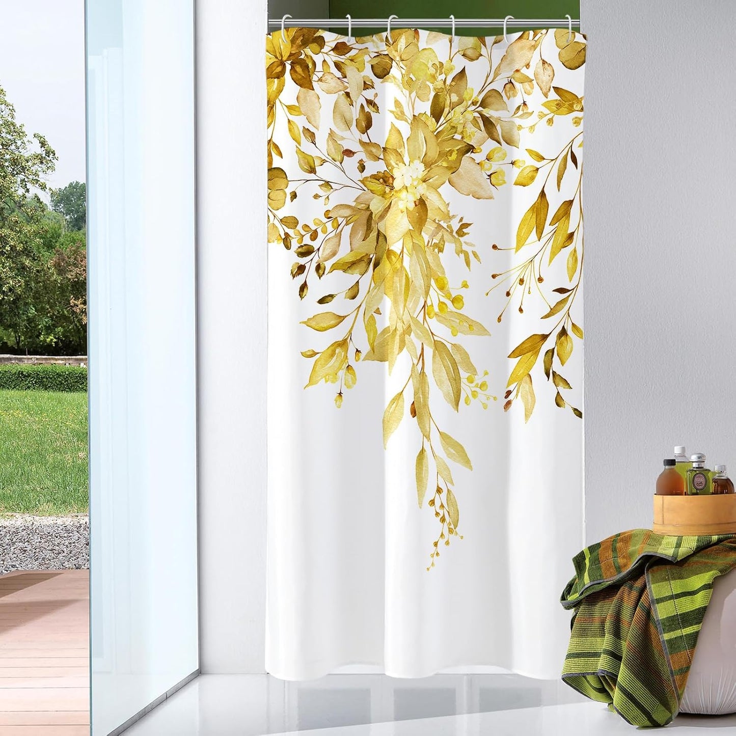 Gibelle Small Yellow Floral Shower Curtain - Water-repellent Fabric Set