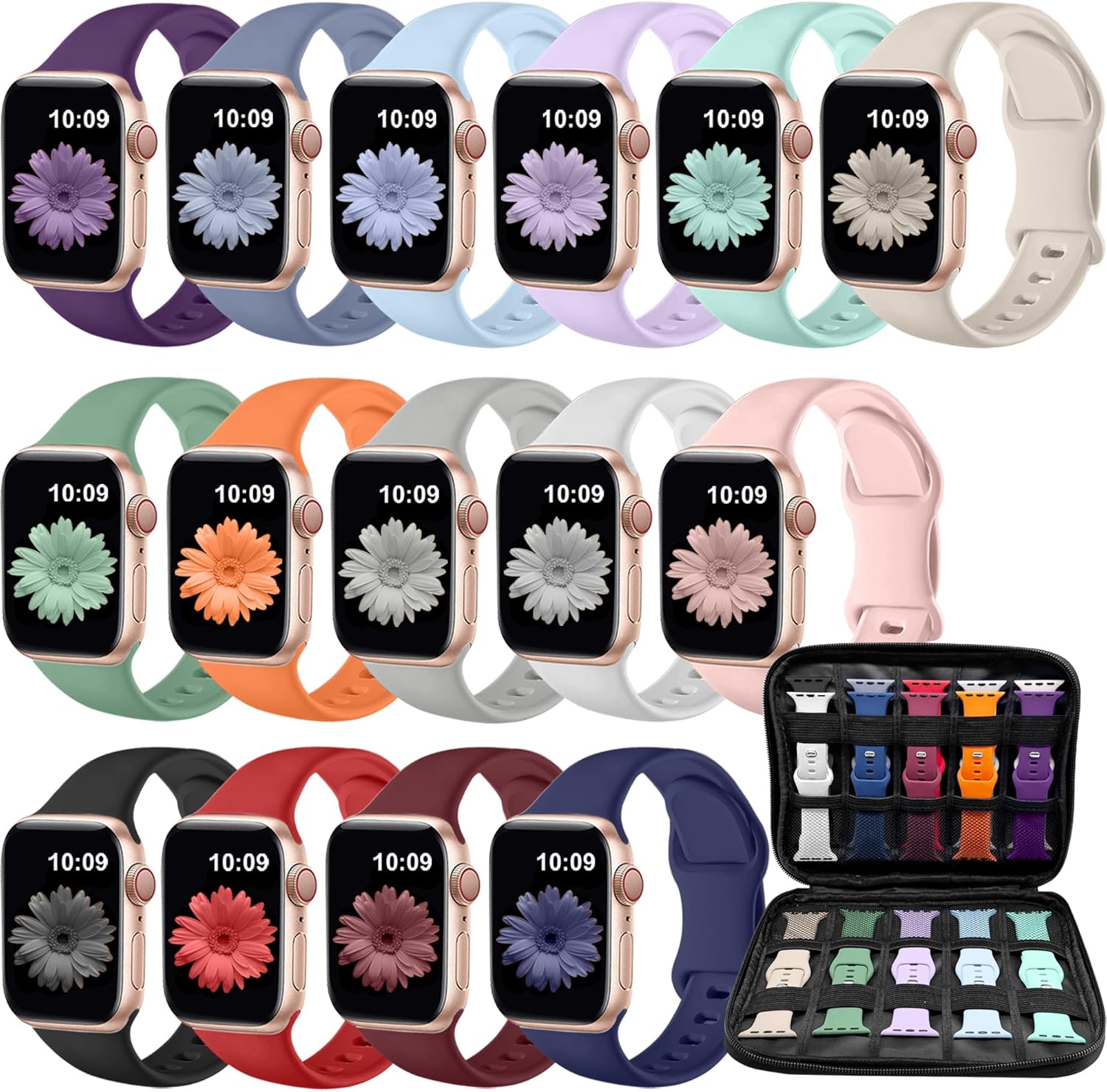 15 Pack Soft Silicone Apple Watch Bands & Organizer