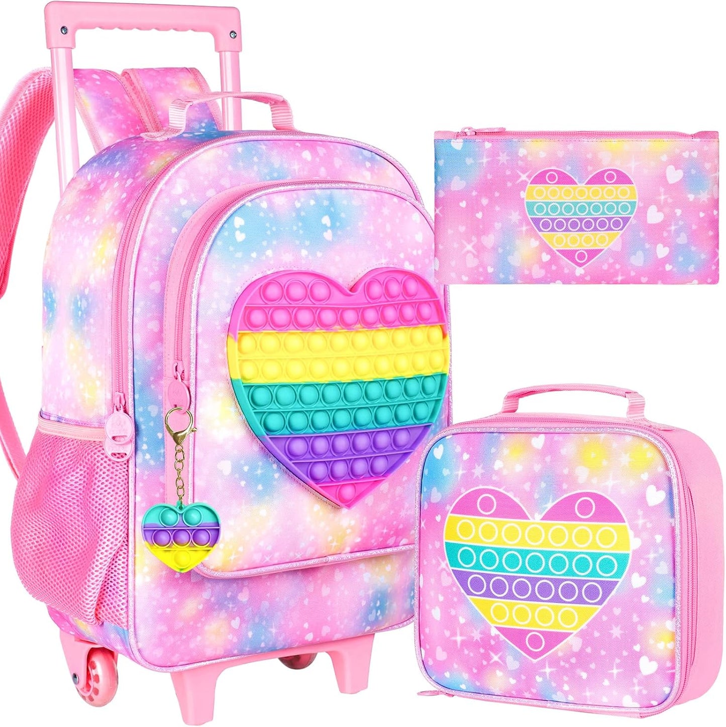 AGSDON 3PCS Rolling Backpack for Boys with Lunch Bag - Love Pink