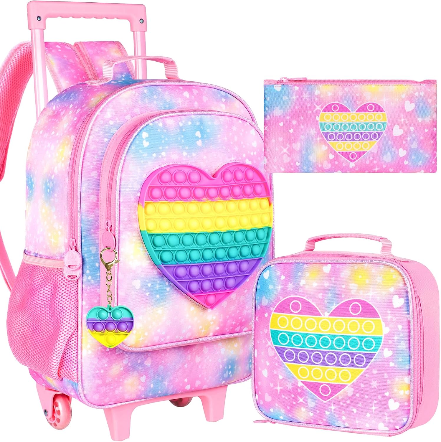 AGSDON 3PCS Rolling Backpack for Boys with Lunch Bag - Love Pink
