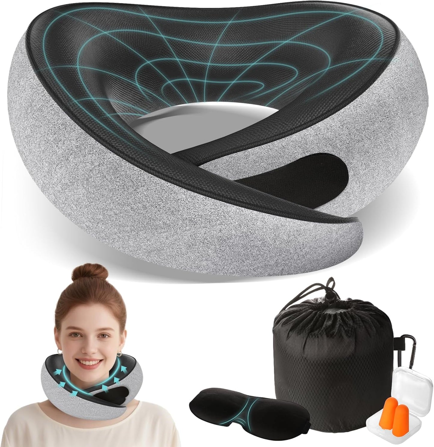 Travel Neck Pillows for Airplanes - Ergonomic Memory Foam