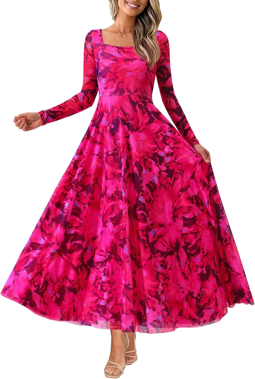 BTFBM Women Maxi Dress - Elegant Long Sleeve Floral Print