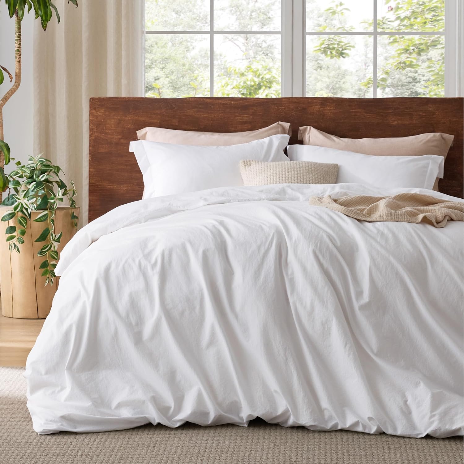 Bedsure 100% Washed Cotton Duvet Cover Full - Bright White Comfort