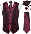 Mens Paisley Vest Tie Set - Red Silk Waistcoat 7PCS