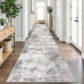 3 x 18 ft Grey Beige Abstract Runner Rug - Washable Non-Slip Hallway