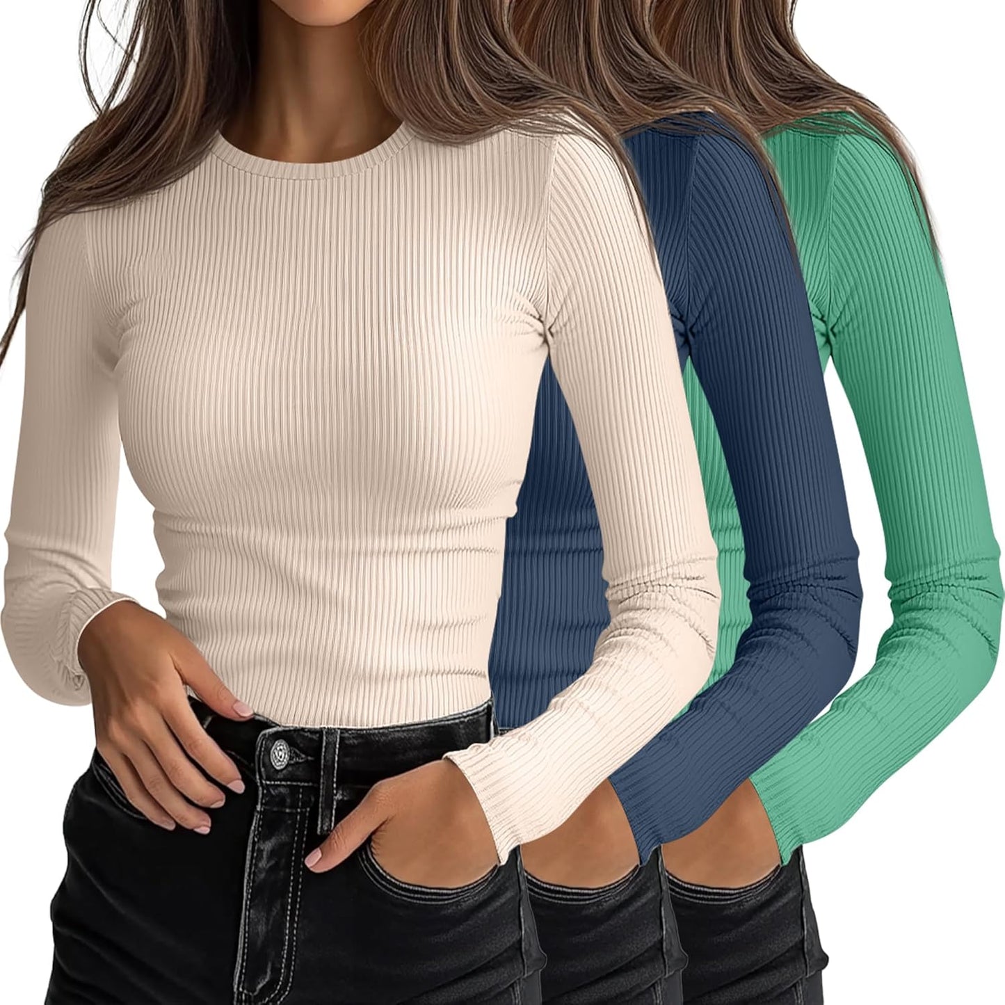 Ficerd Women's Ribbed Long Sleeve Tops for Casual Layering