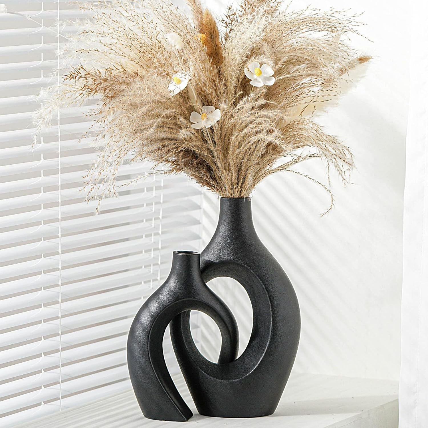 Levvohd XL Black Ceramic Vase Set of 2 for Modern Decor