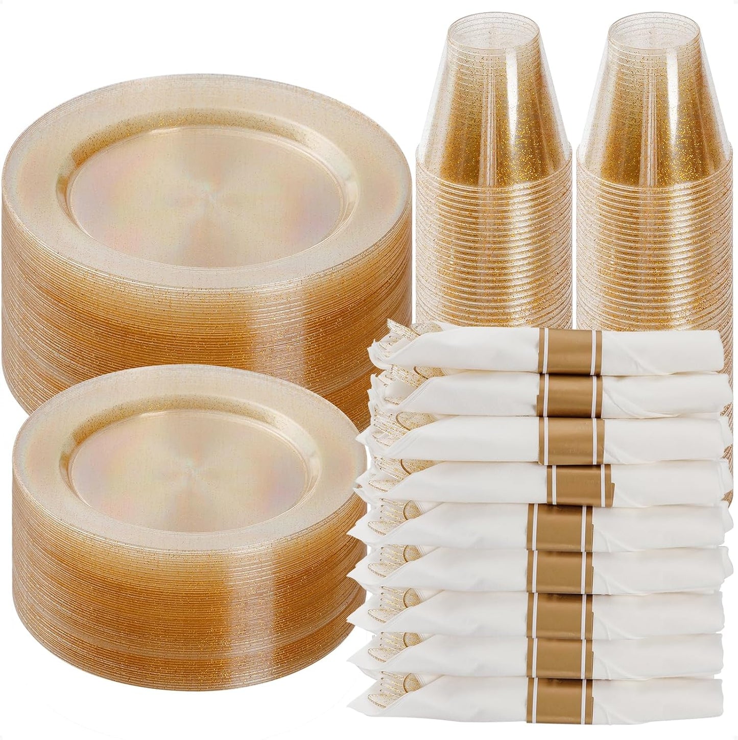 Goodluck 350 Piece Gold Glitter Plastic Dinnerware Set for Parties
