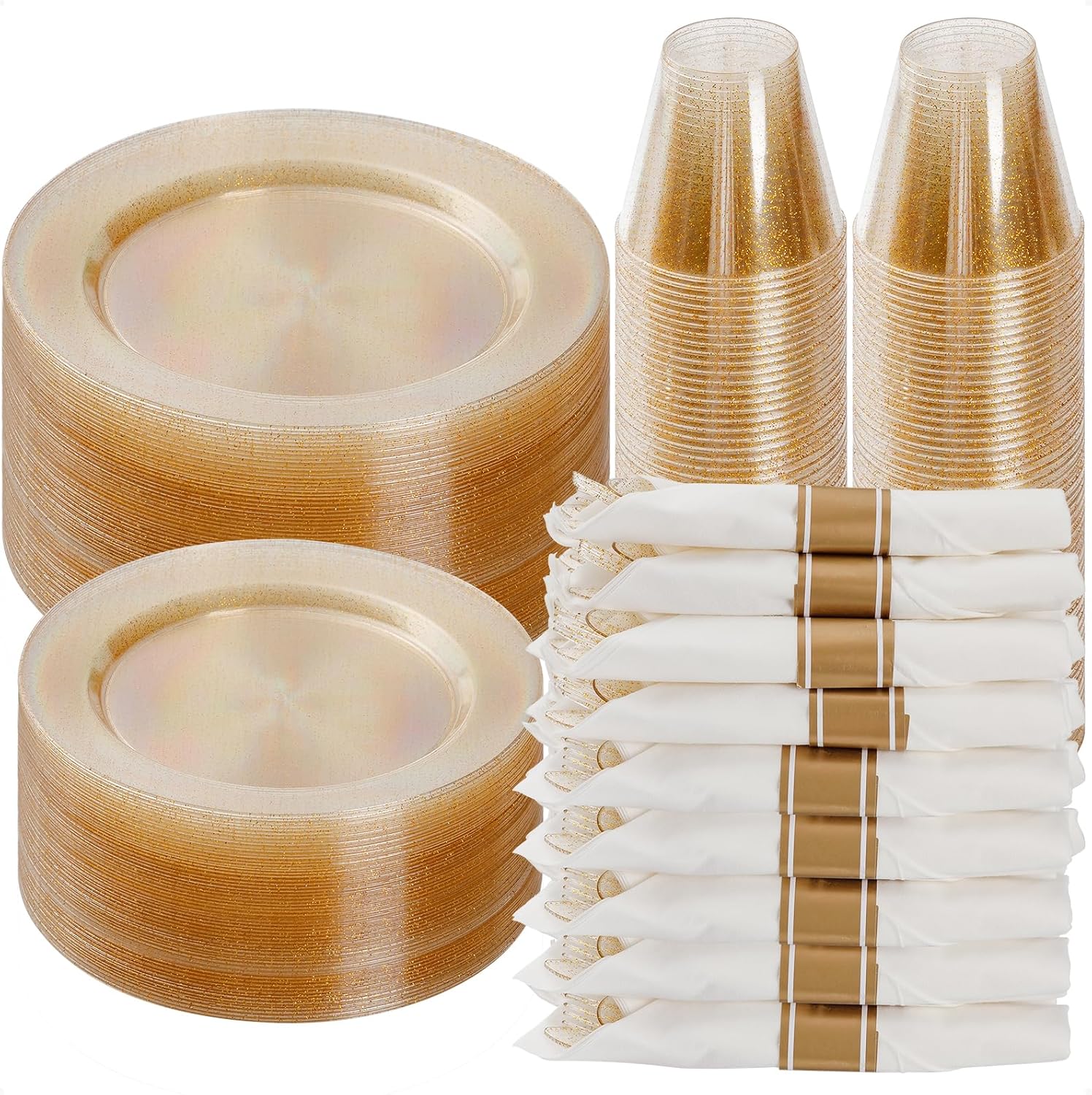 Goodluck 350 Piece Gold Glitter Plastic Dinnerware Set for Parties