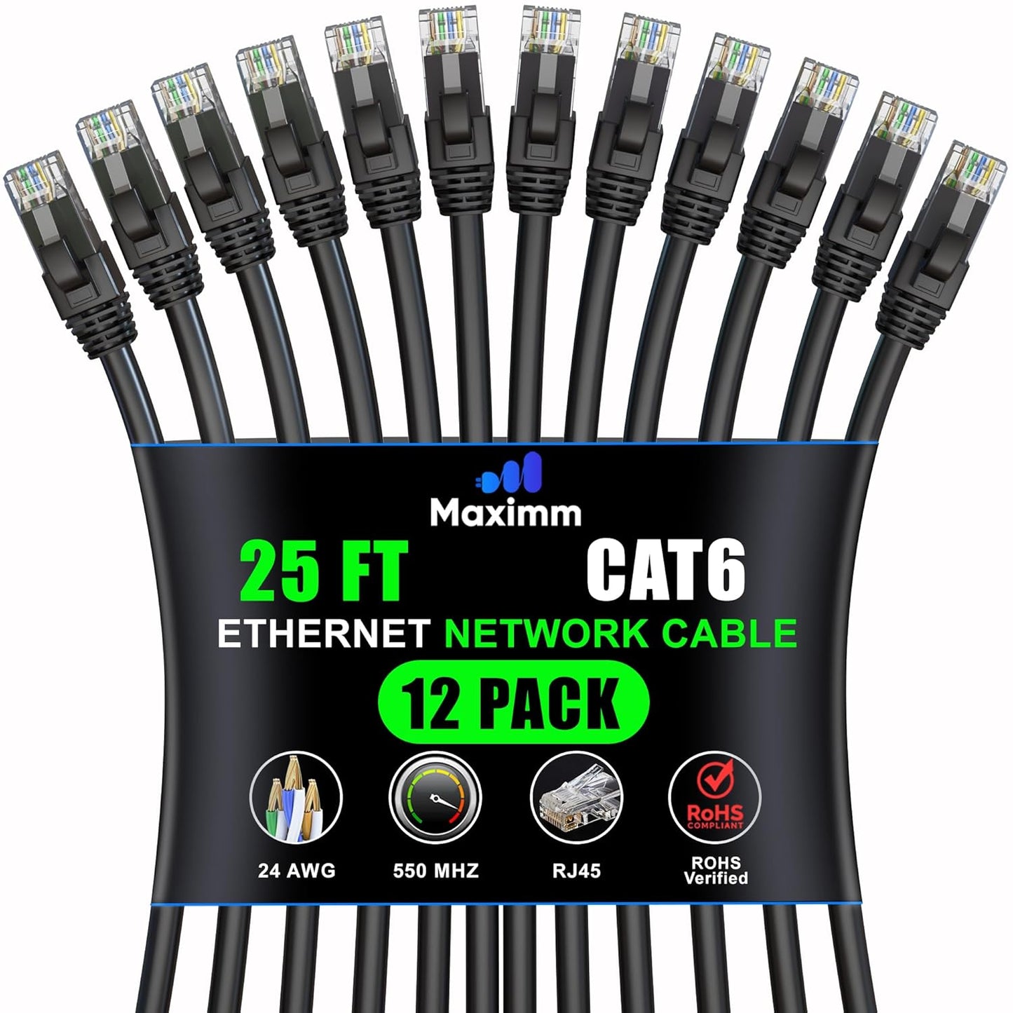 Maximm 25 ft Ethernet Cable 12-Pack -Blazing Fast 10Gbps Speeds