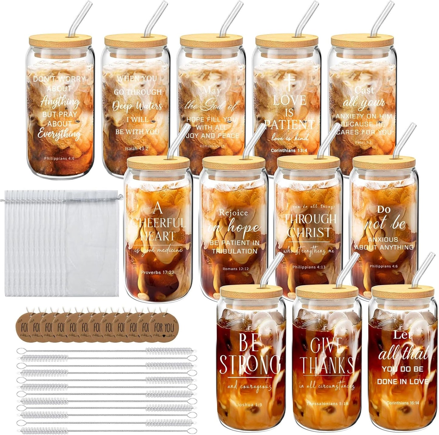 12 Pcs Christian Gift Bulk Glass Cups with Bamboo Lids and Straws