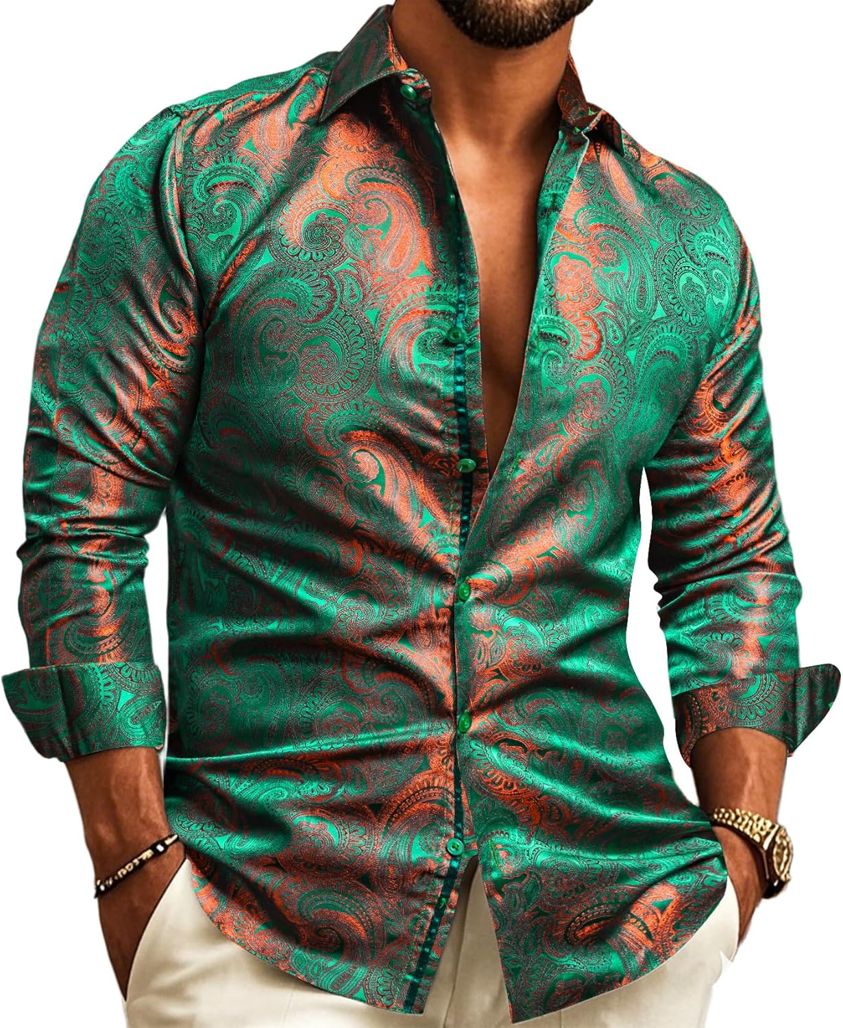 Barry.Wang Men Dress Shirts Paisley 70s Disco Silk Tops