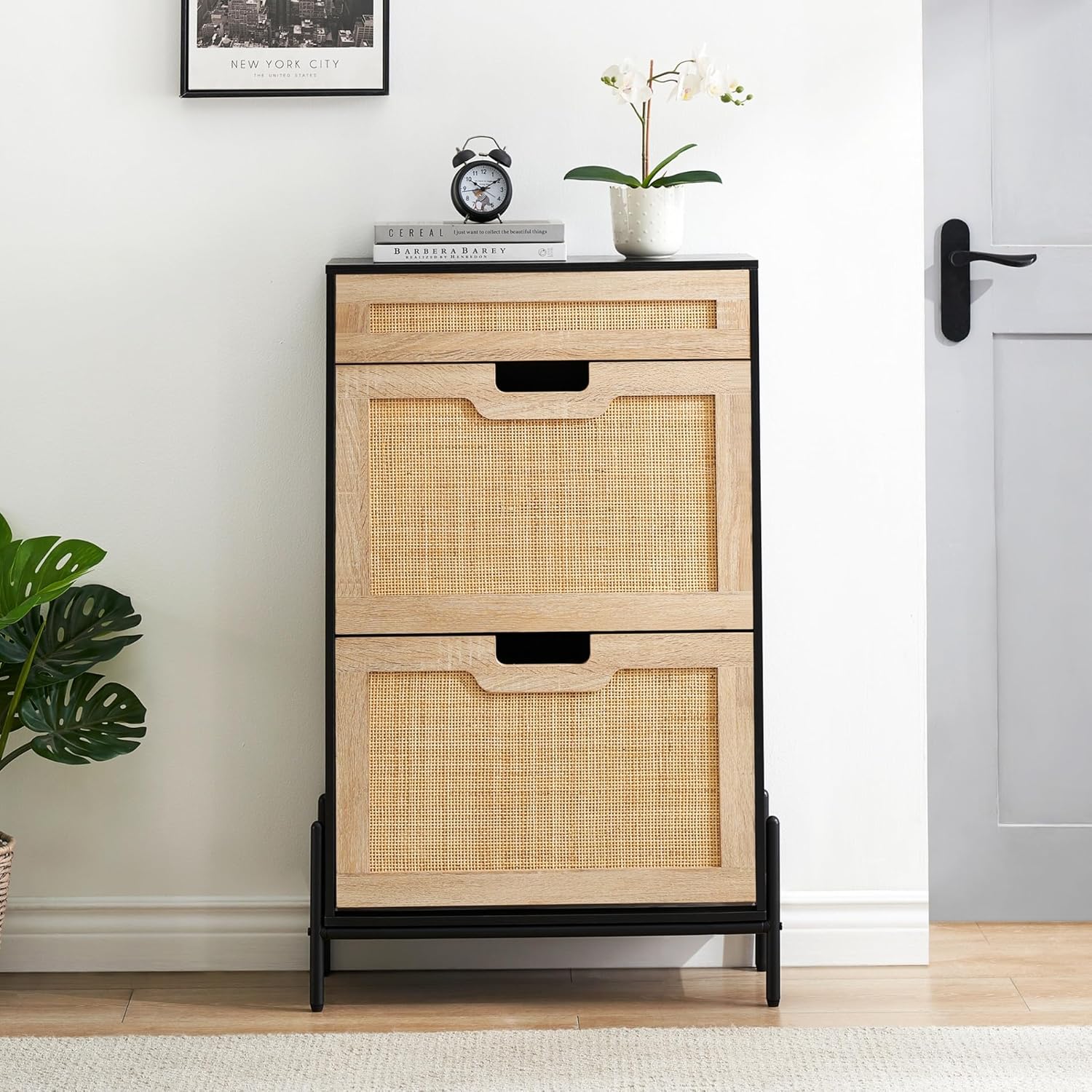 Natural Rattan Shoe Cabinet Organizer with Adjustable Shelves