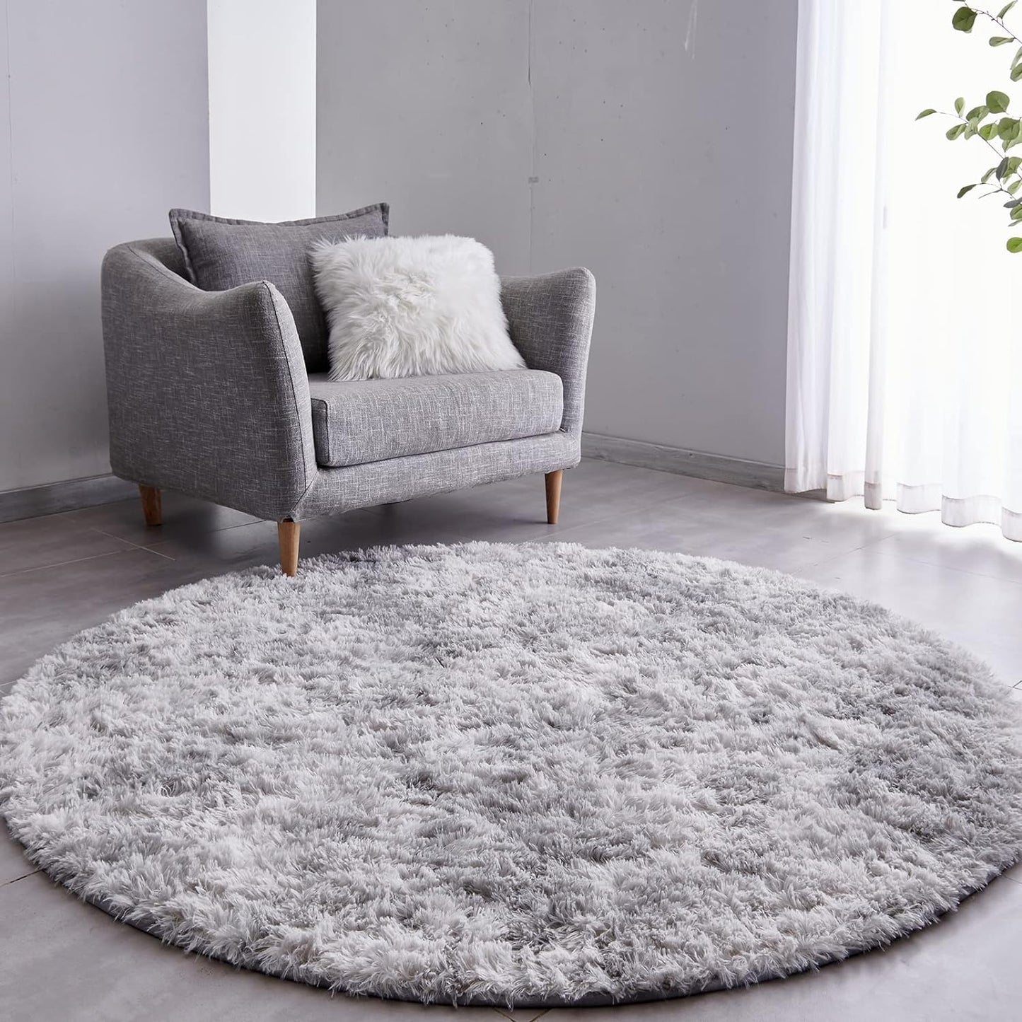 Ultra-Soft Plush Tie-Dyed Light Grey Round Rug for Kids Room