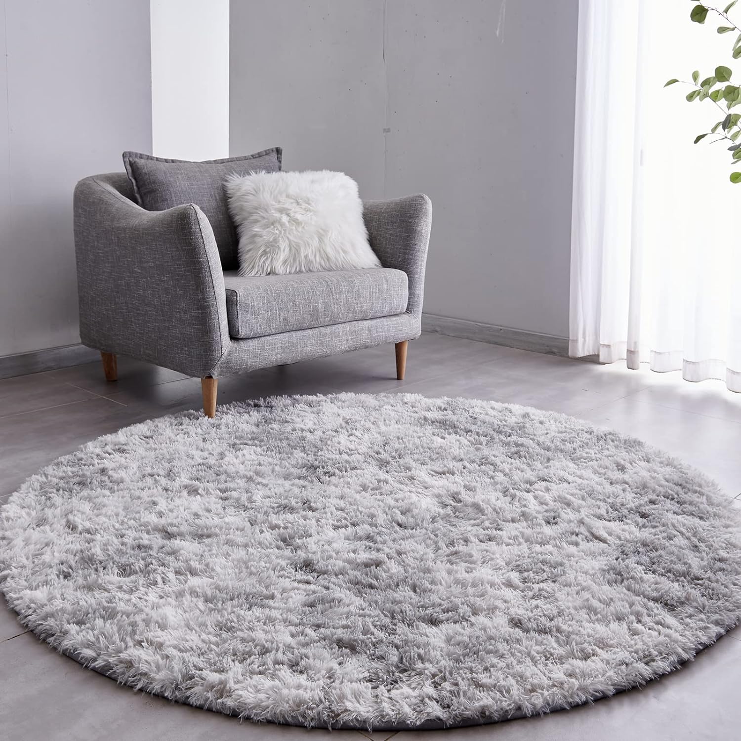 Ultra-Soft Plush Tie-Dyed Light Grey Round Rug for Kids Room