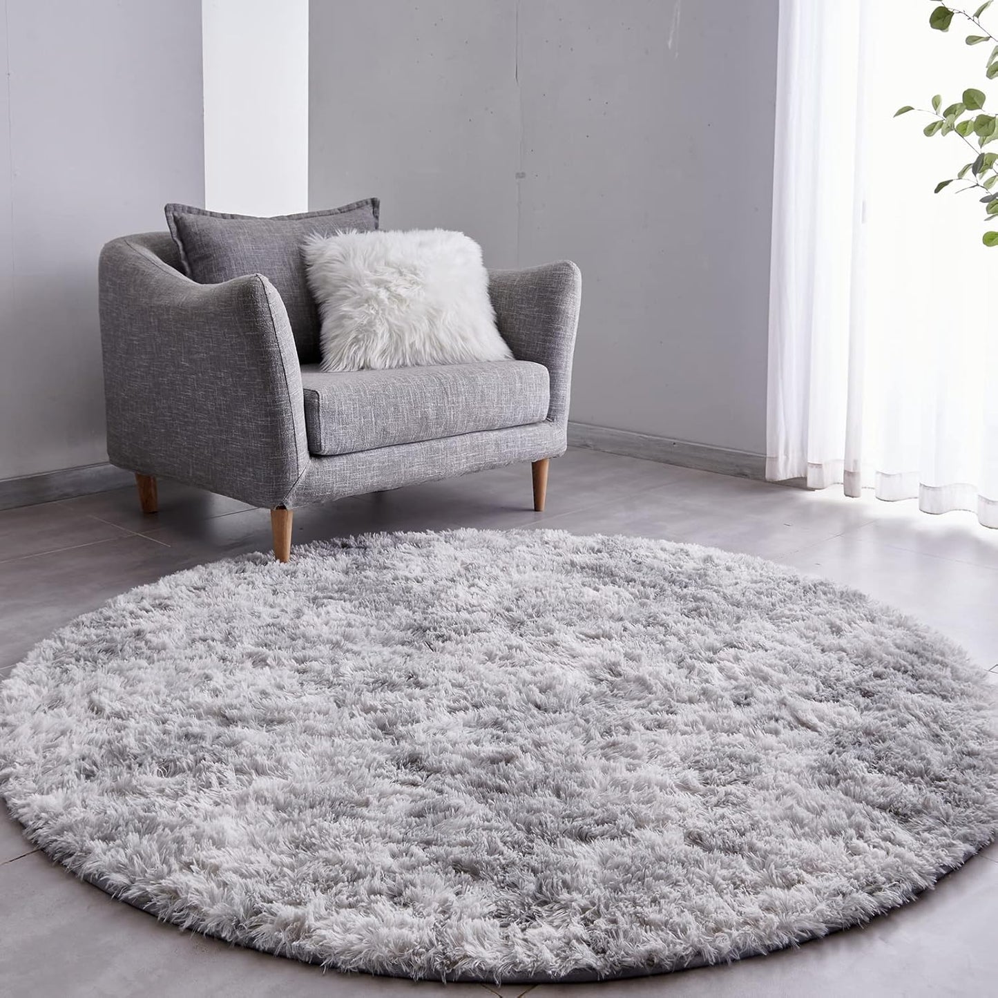Ultra-Soft Plush Tie-Dyed Light Grey Round Rug for Kids Room
