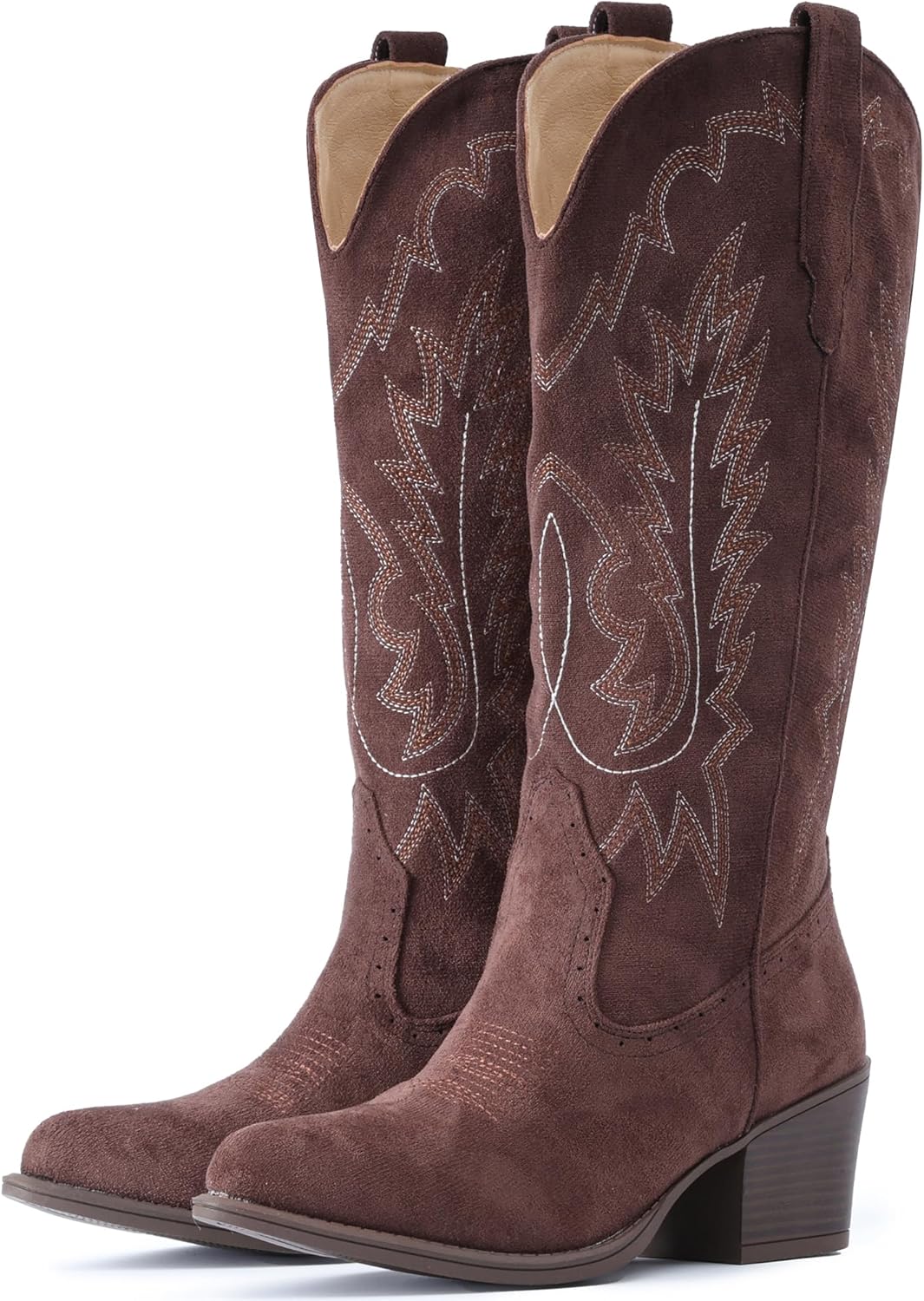 IUV Suede Cowboy Boots for Women with Chunky Heel and Embroidery