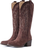 IUV Suede Cowboy Boots For Women Chunky Heel Pointed Toe Mid Calf Soft
