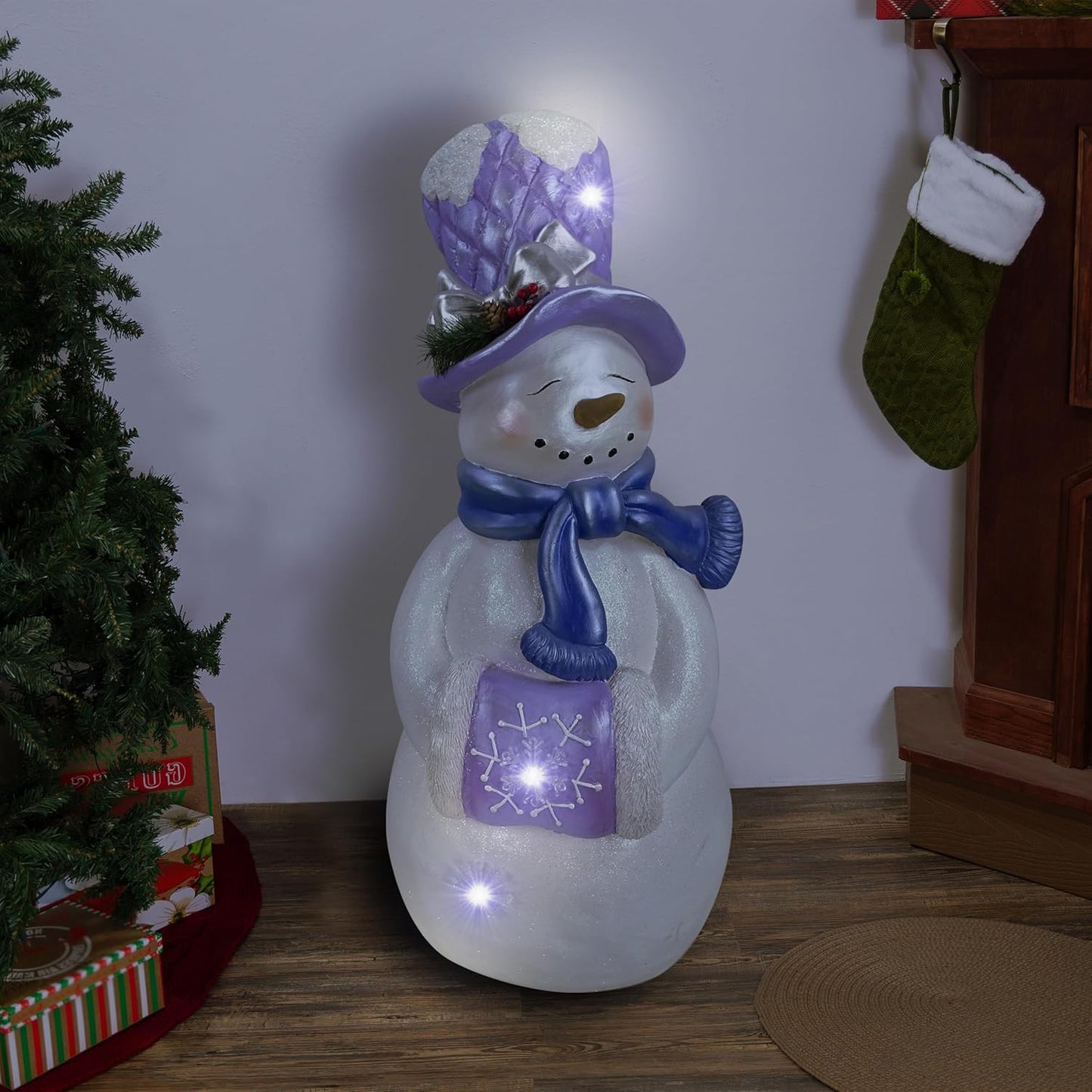 Large 37in Lavender White Snowman Statue with Twinkle Lights