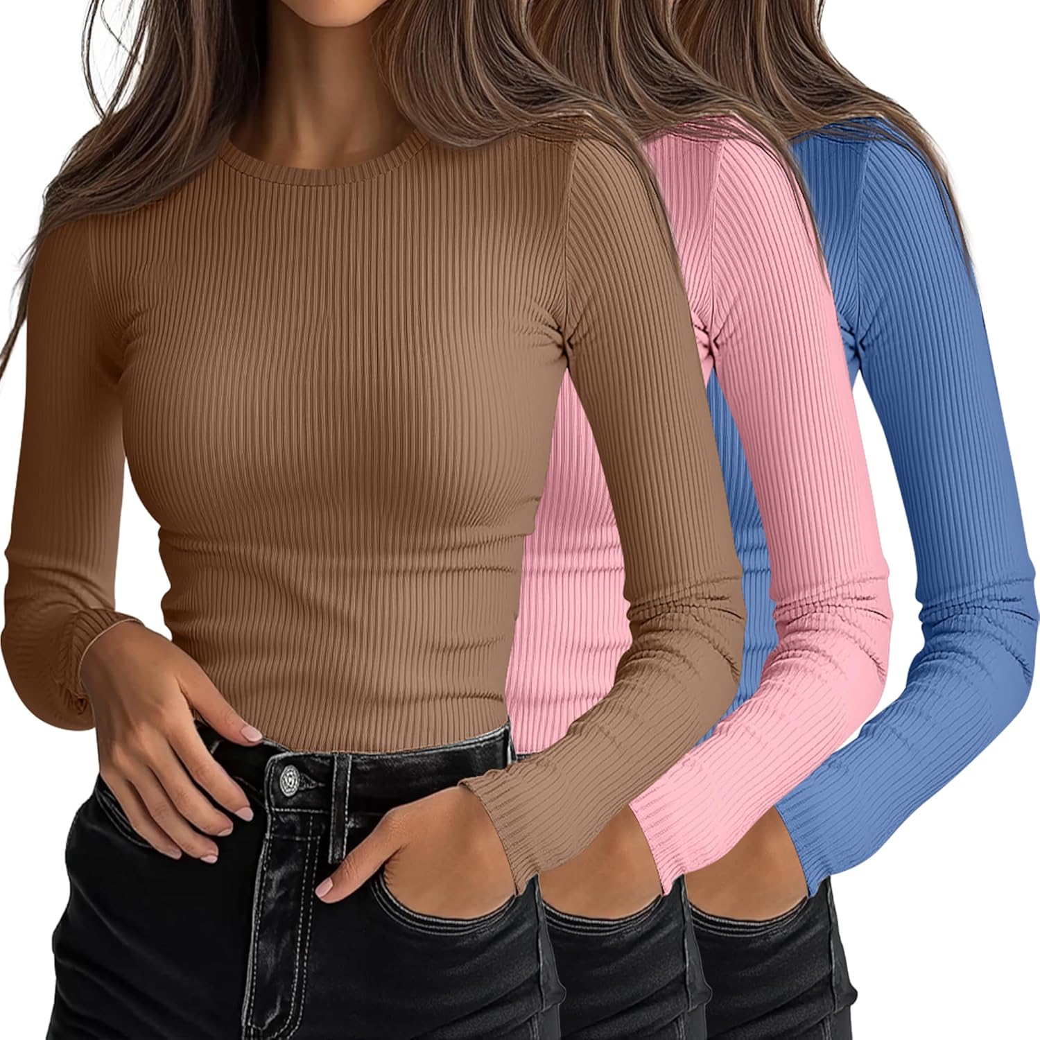 Ficerd Women's Ribbed Long Sleeve Tops for Casual Layering