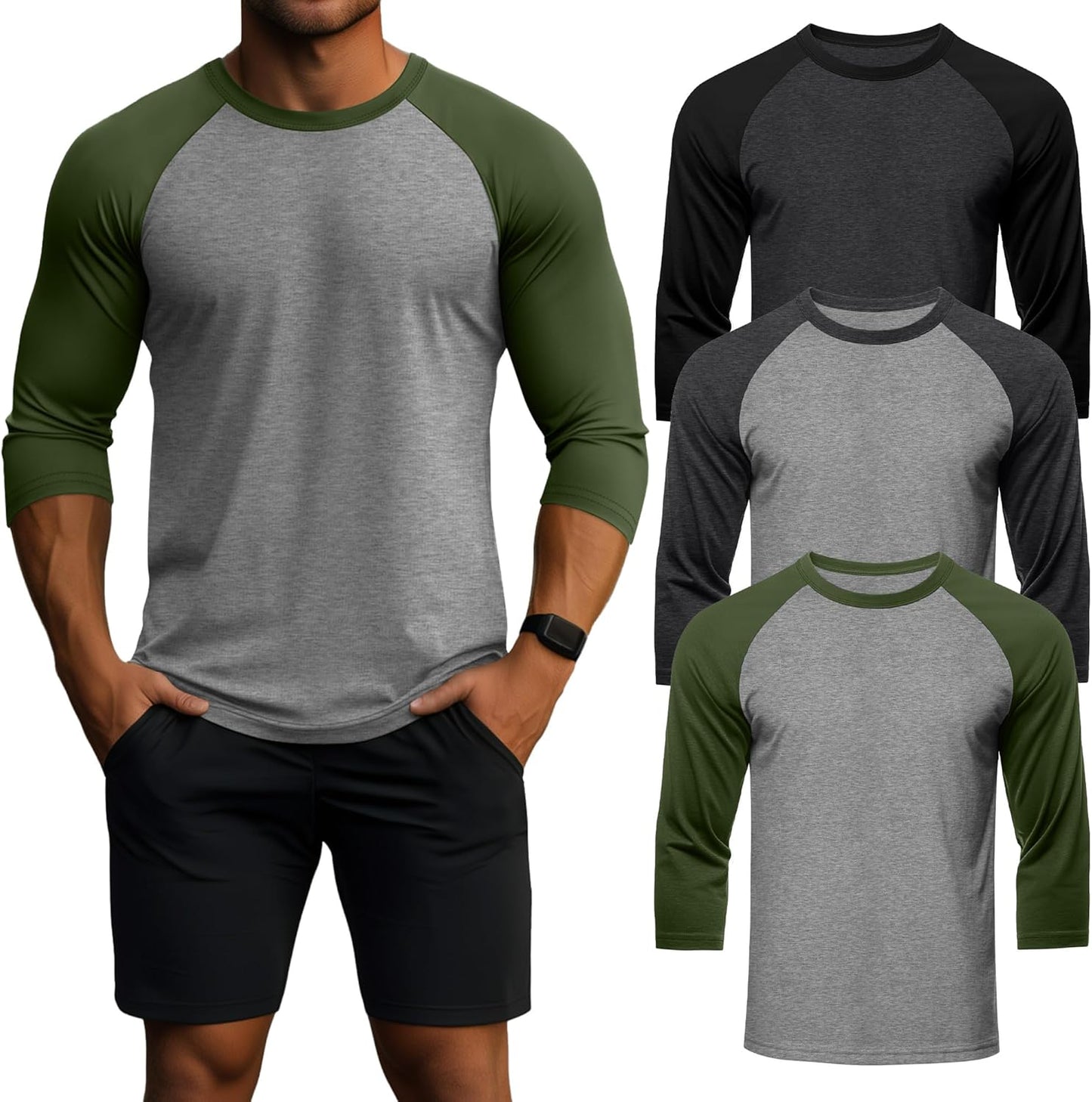 Men's 3/4 Sleeve Cotton Crew Neck Baseball T Shirts - 3 Pack