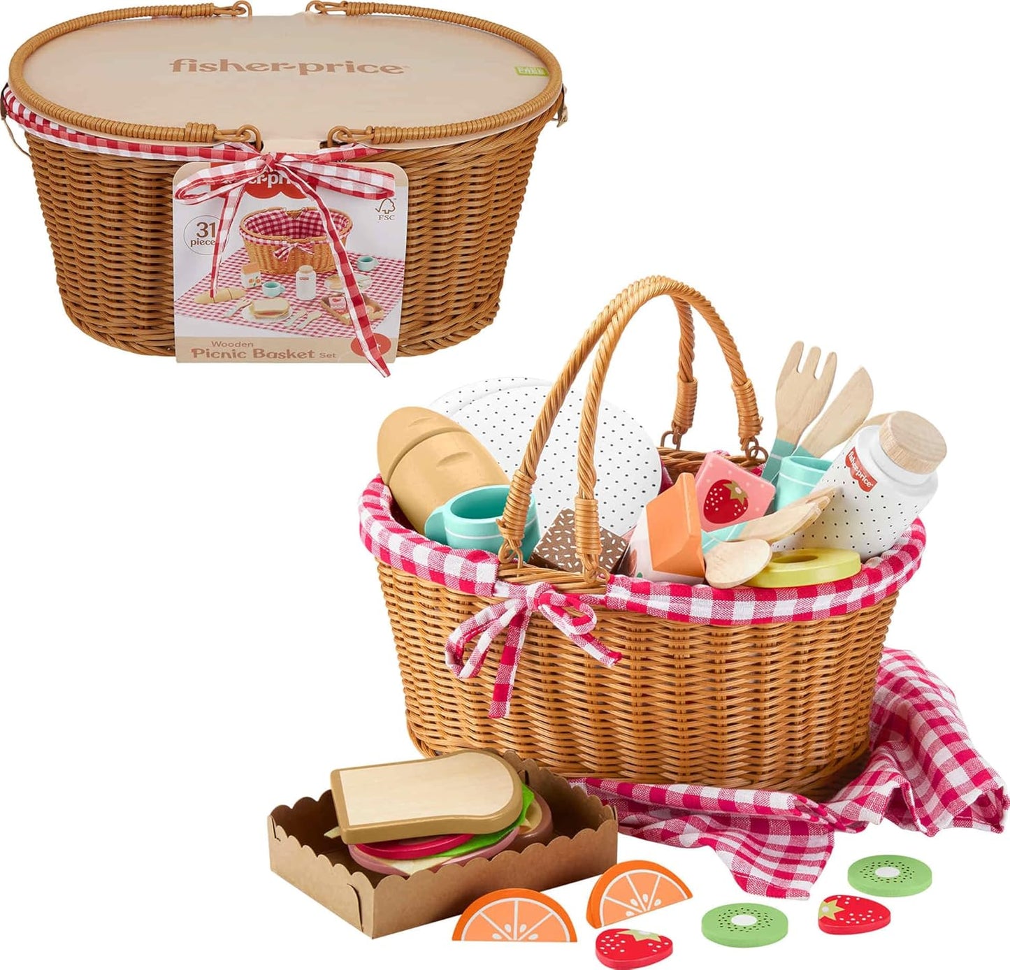 Fisher-Price Wood Pretend Play Toy Picnic Basket for Kids