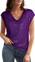 Sequin V Neck Short Sleeve Top for Women - Sparkly Party Tank