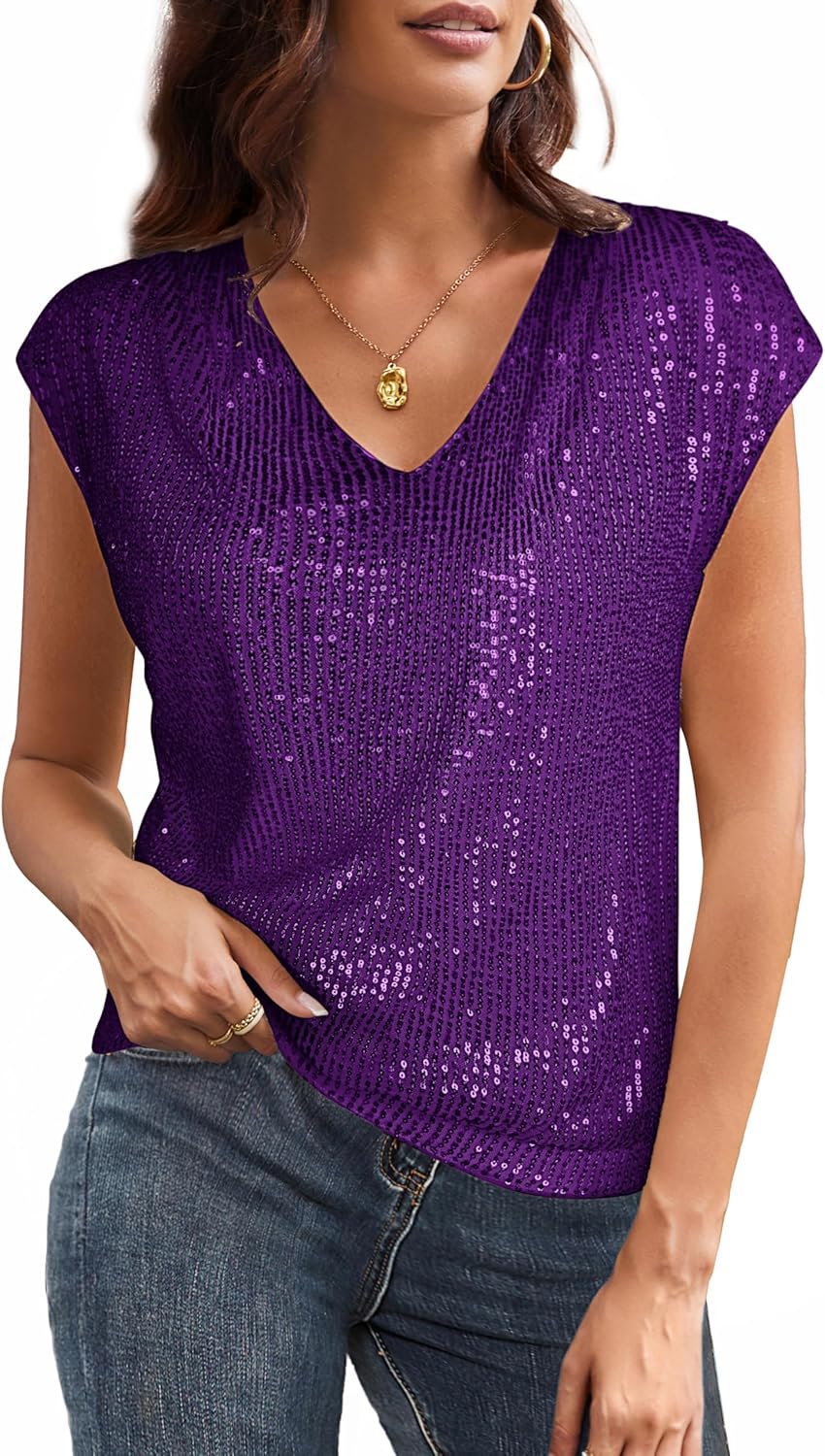 Dazzling V Neck Sequin Short Sleeve Tops for Women Parties