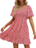 Womens Cute Floral Smocked V Neck Flutter Sleeve Sundress
