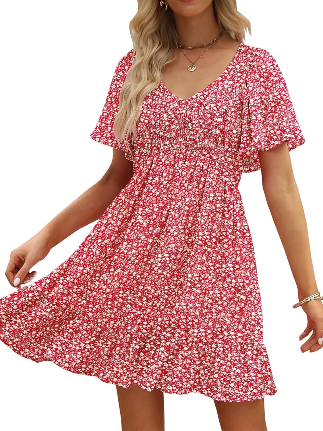 Womens Cute Floral Smocked V Neck Flutter Sleeve Sundress