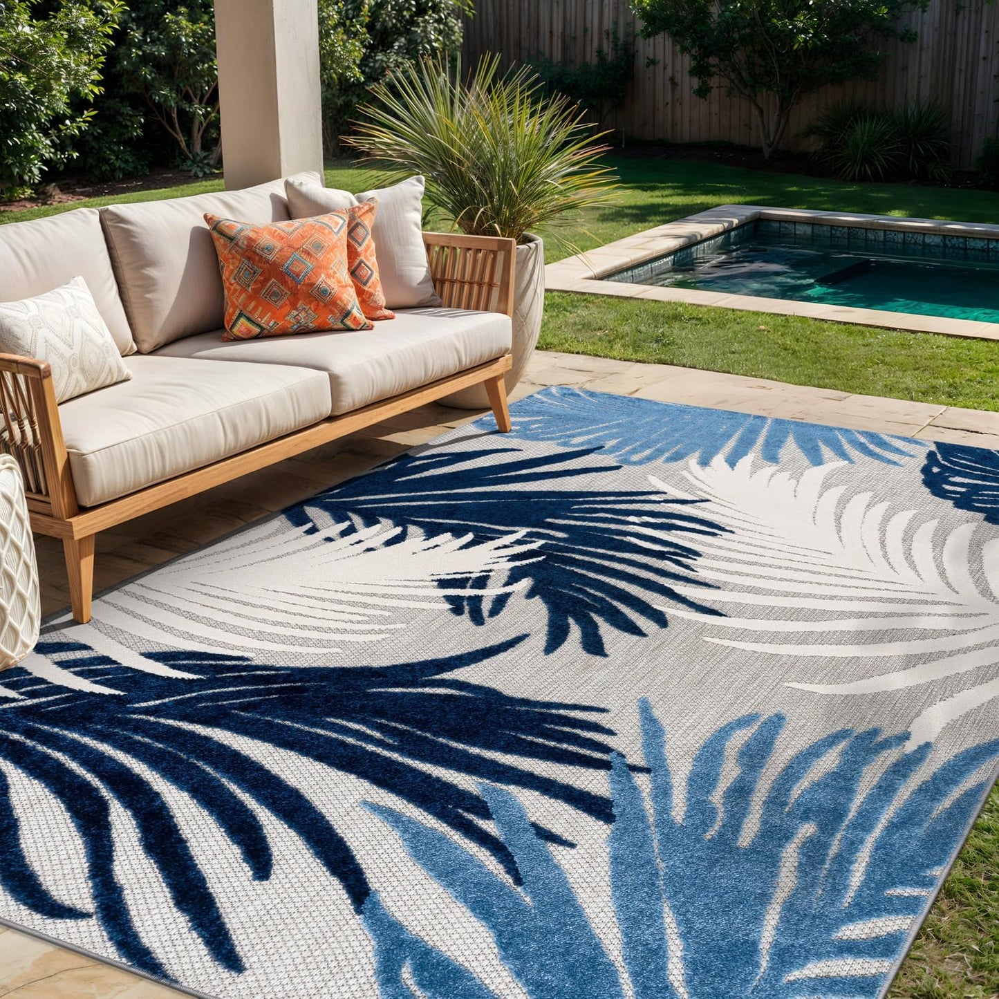 Rugshop Navy Lucca Contemporary Floral Indoor/Outdoor Area Rug