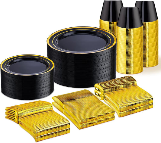 Elegant Black and Gold Dinnerware Set for 50 Guests by WELLIFE