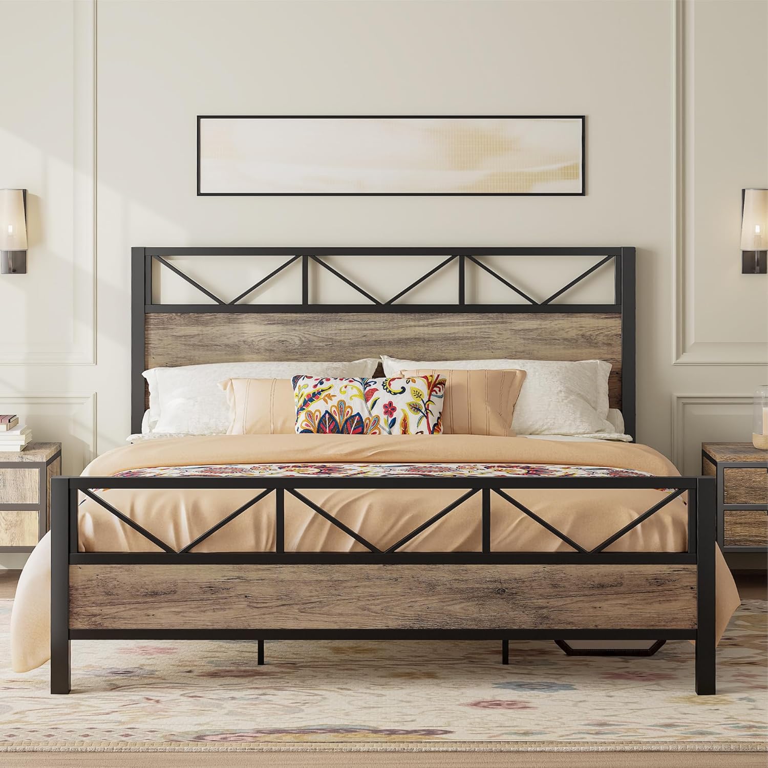 LIKIMIO California King Bed Frame with Tall Industrial Headboard