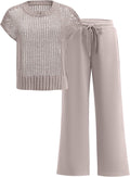 Women Two Piece Crochet Sheer Knit Sweater Top and Wide Leg Pants Bust
