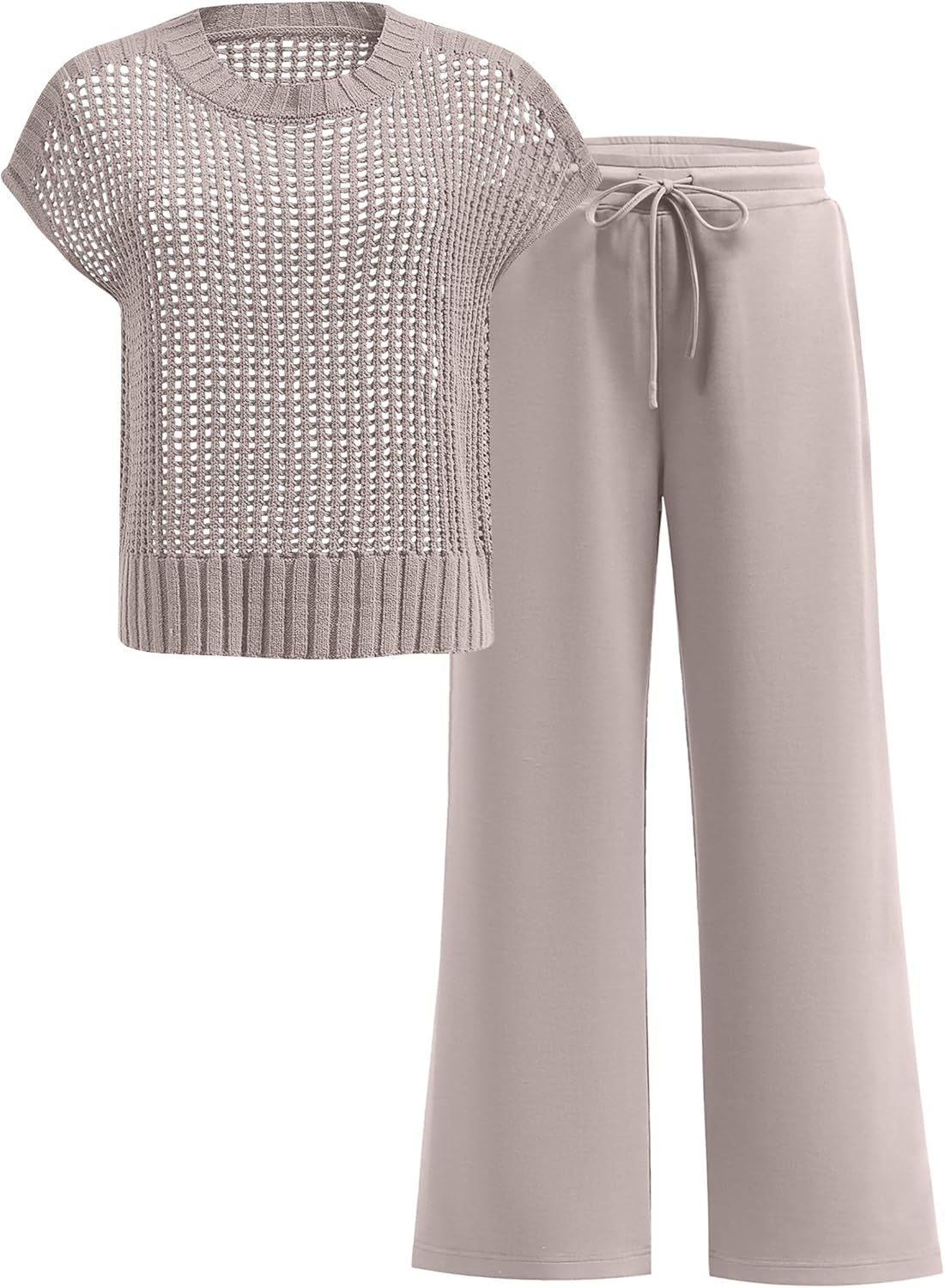 Women Two Piece Outfits Crochet Sheer Knit Sweater Top & Pants