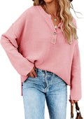 Women's Oversized Batwing V Neck Button Henley Sweater - Soft Knit