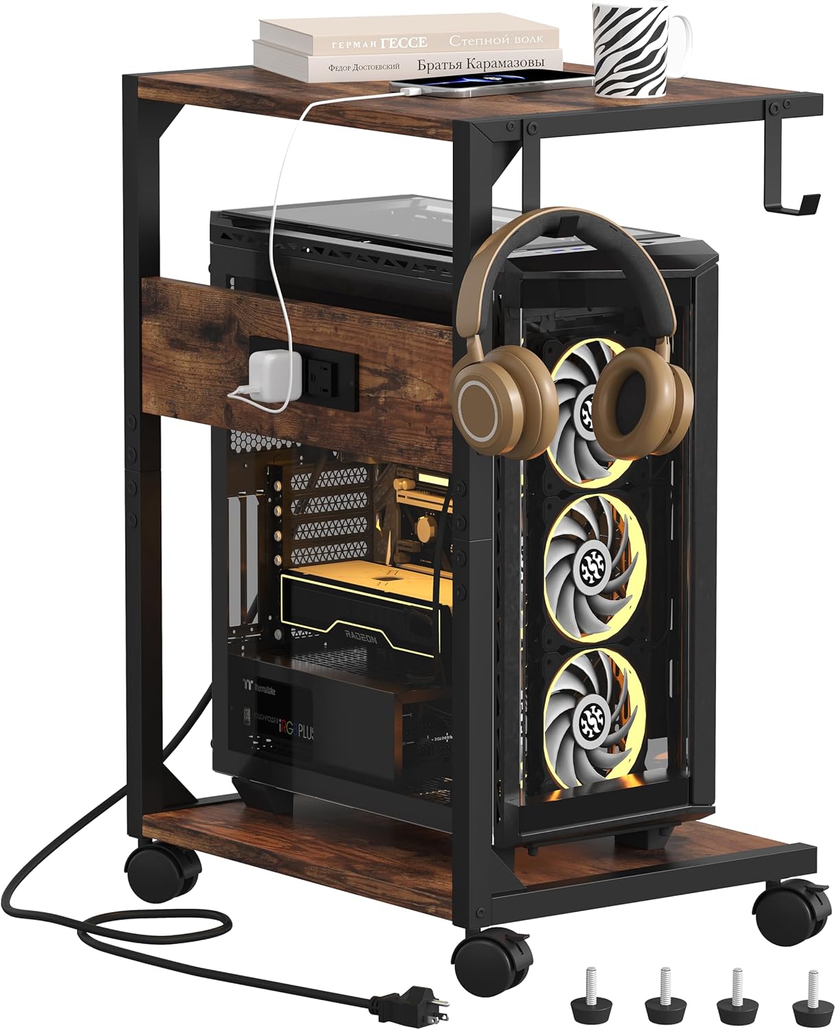 2 Tier Computer Tower Stand with Charging Station for Home Office
