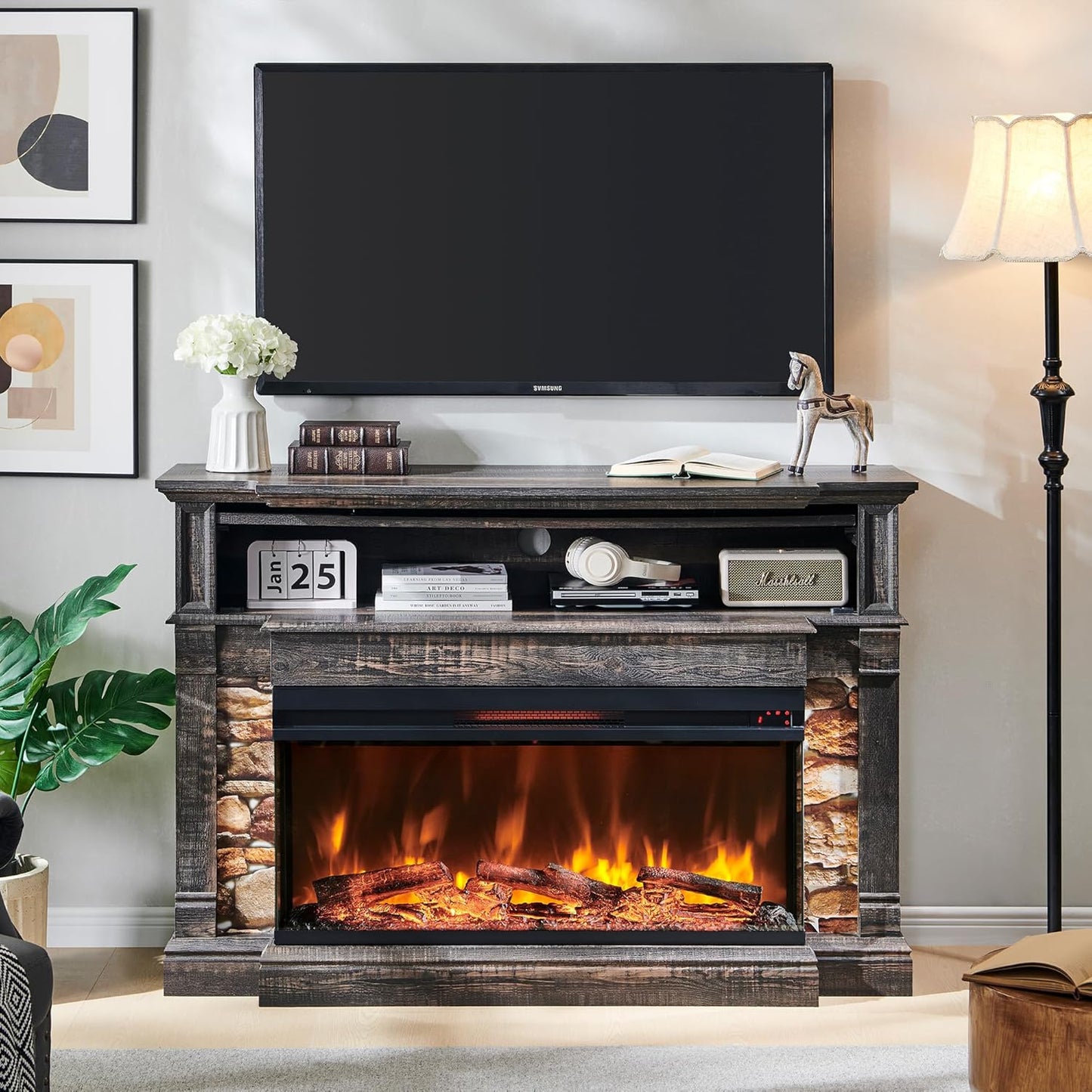 Rustic Oak Electric Fireplace TV Stand, 3-Side Glass, Storage