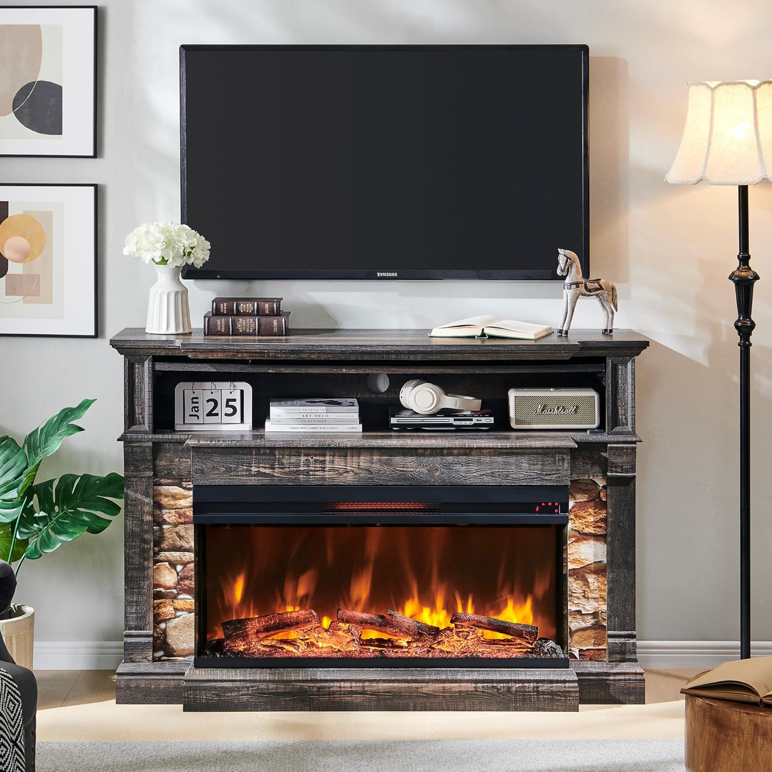 Rustic Oak Electric Fireplace TV Stand, 3-Side Glass, Storage
