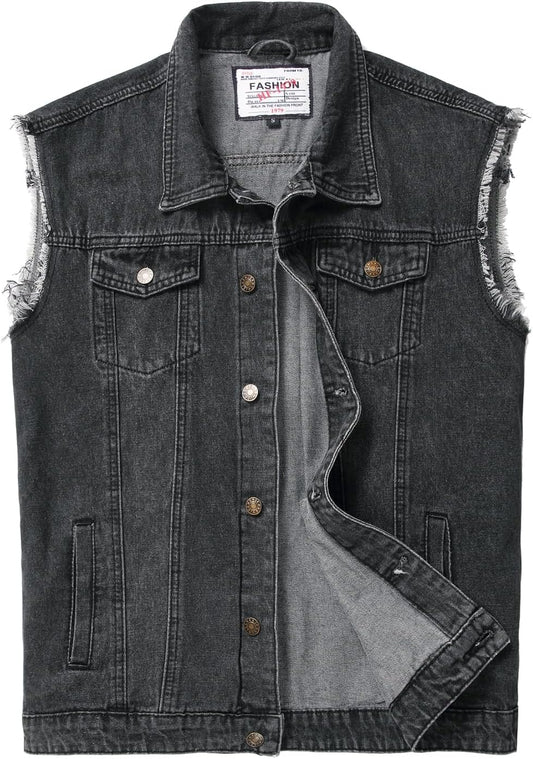 Men's Denim Vest Ripped Stretchy Distressed Battle Jacket