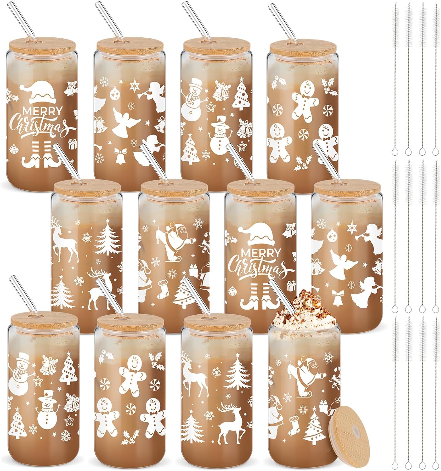 12 Set Christmas Glass Cups with Bamboo Lid and Straw Gifts