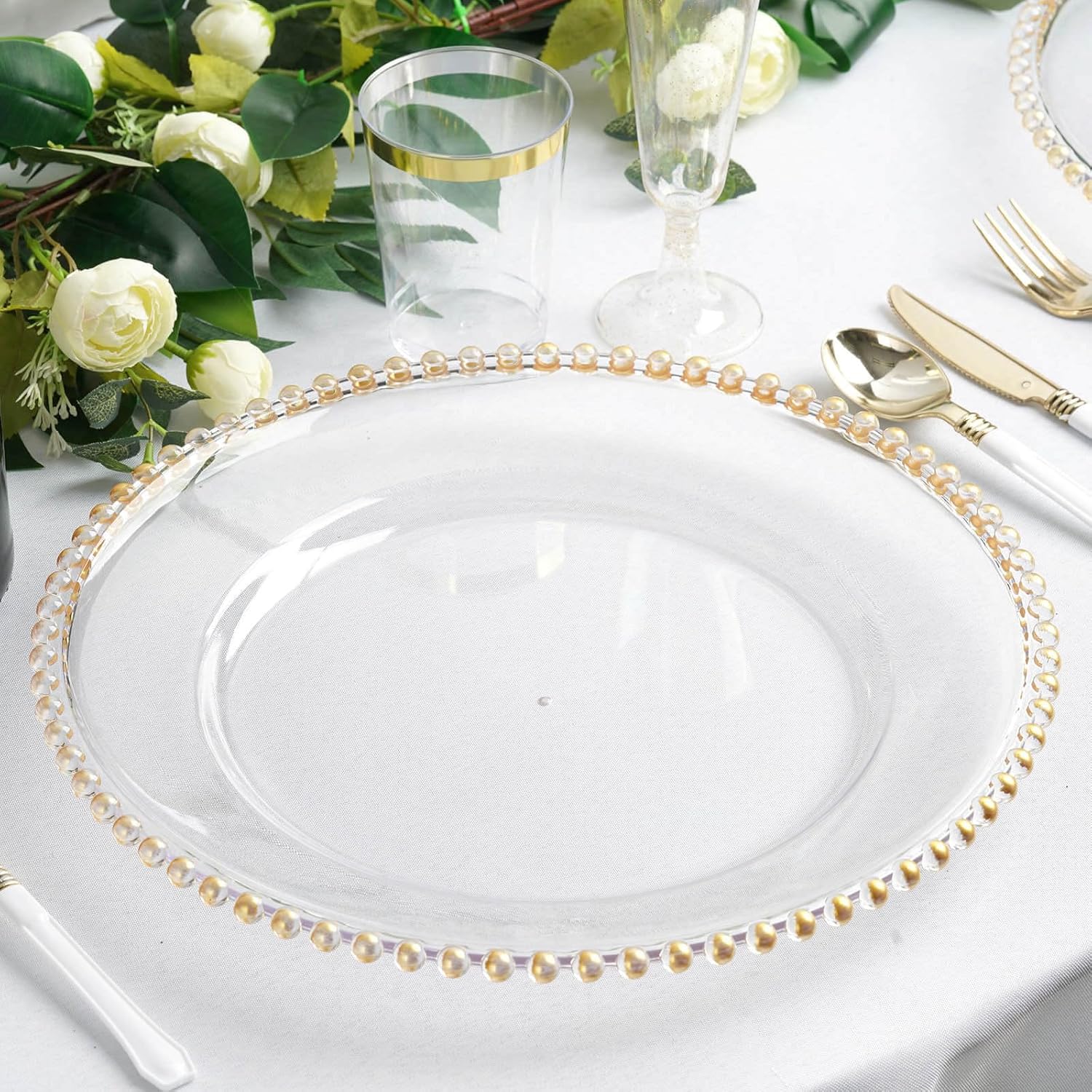 12-Pack Clear Gold Rim Charger Plates - Elegant Dinner Party Decor