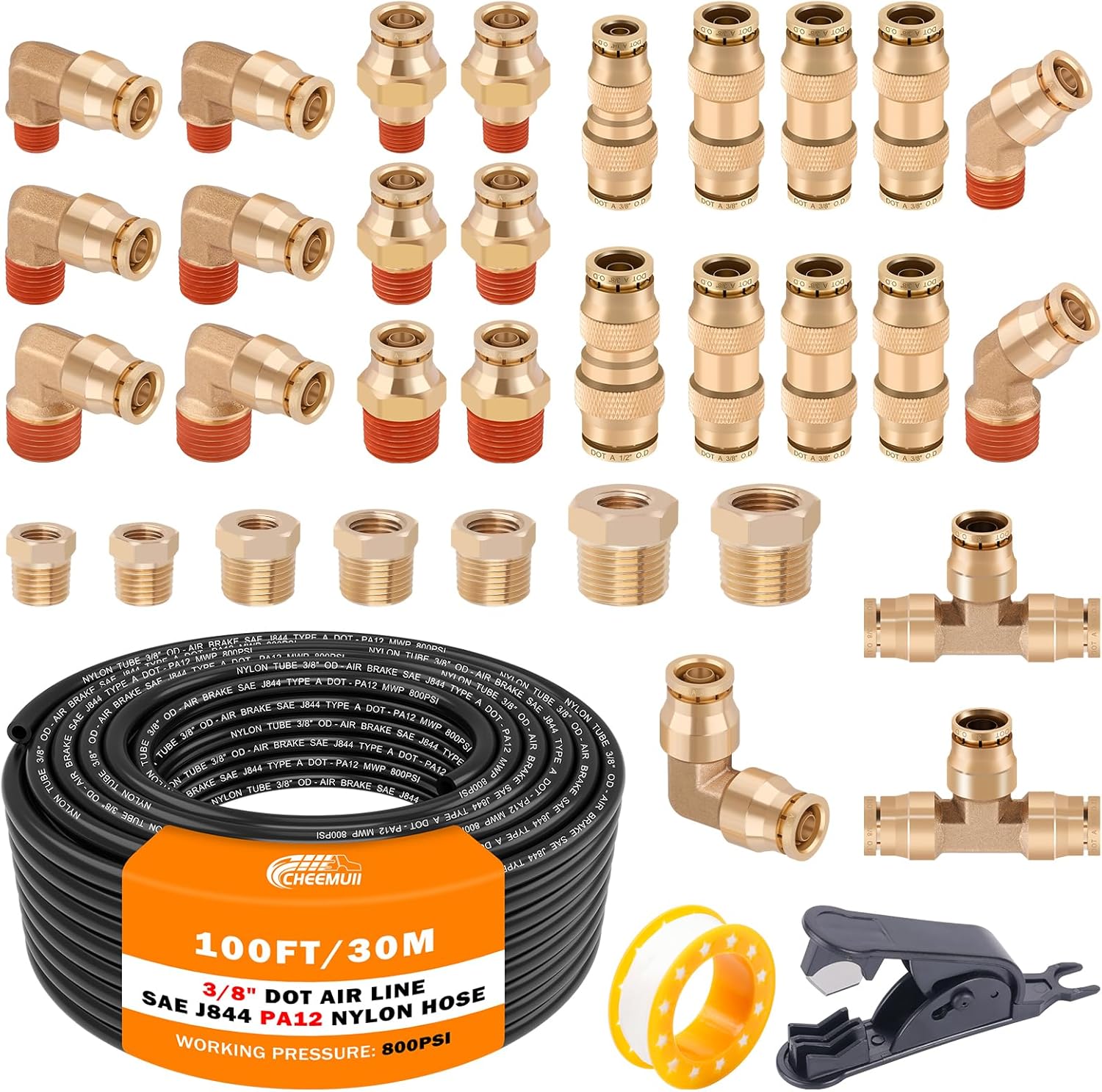 Premium 3/8 Brass DOT Air Fittings and 100 FT Air Line Kit