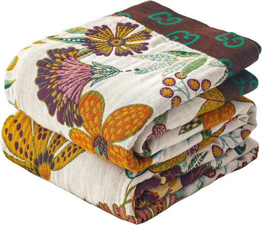Boho Throw Blanket for Bed - Soft Cotton Muslin Twin Quilt