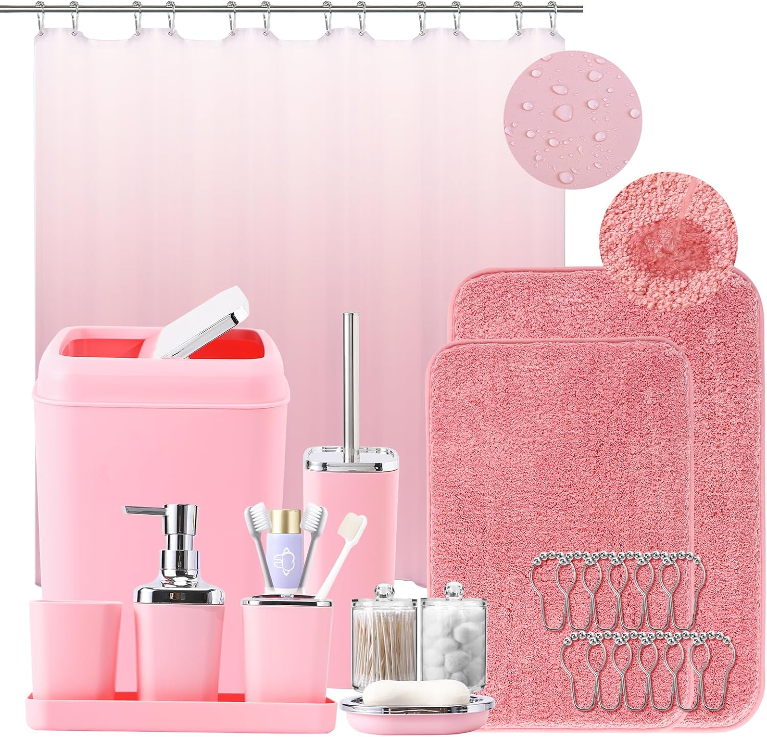 Complete Bathroom Accessory Set with Ombre Shower Curtain and Rugs