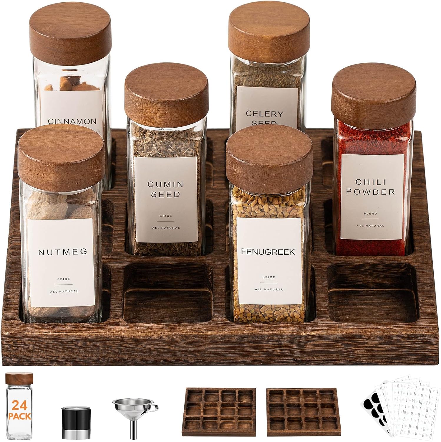 24Pcs Glass Spice Jars Set with Acacia Wood Lids for Kitchen