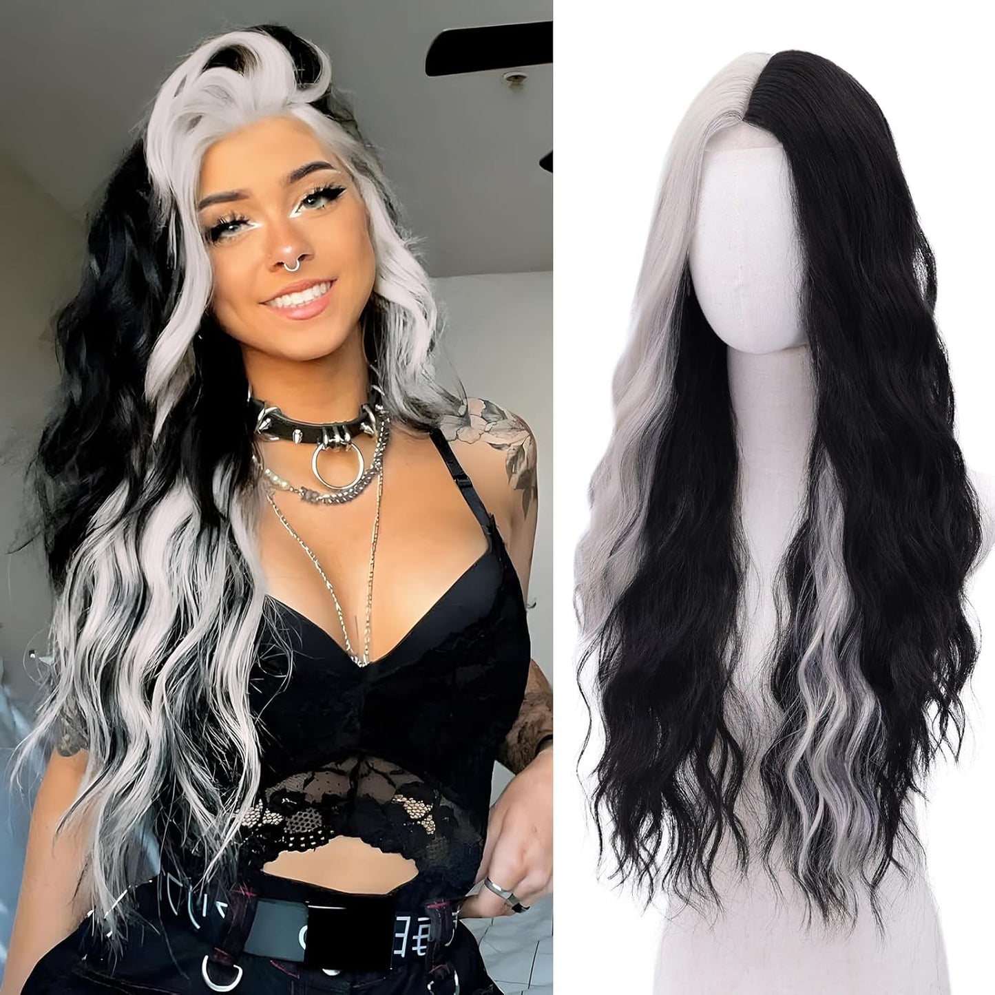 Black and White Wig for Women - Long Wavy Synthetic Style