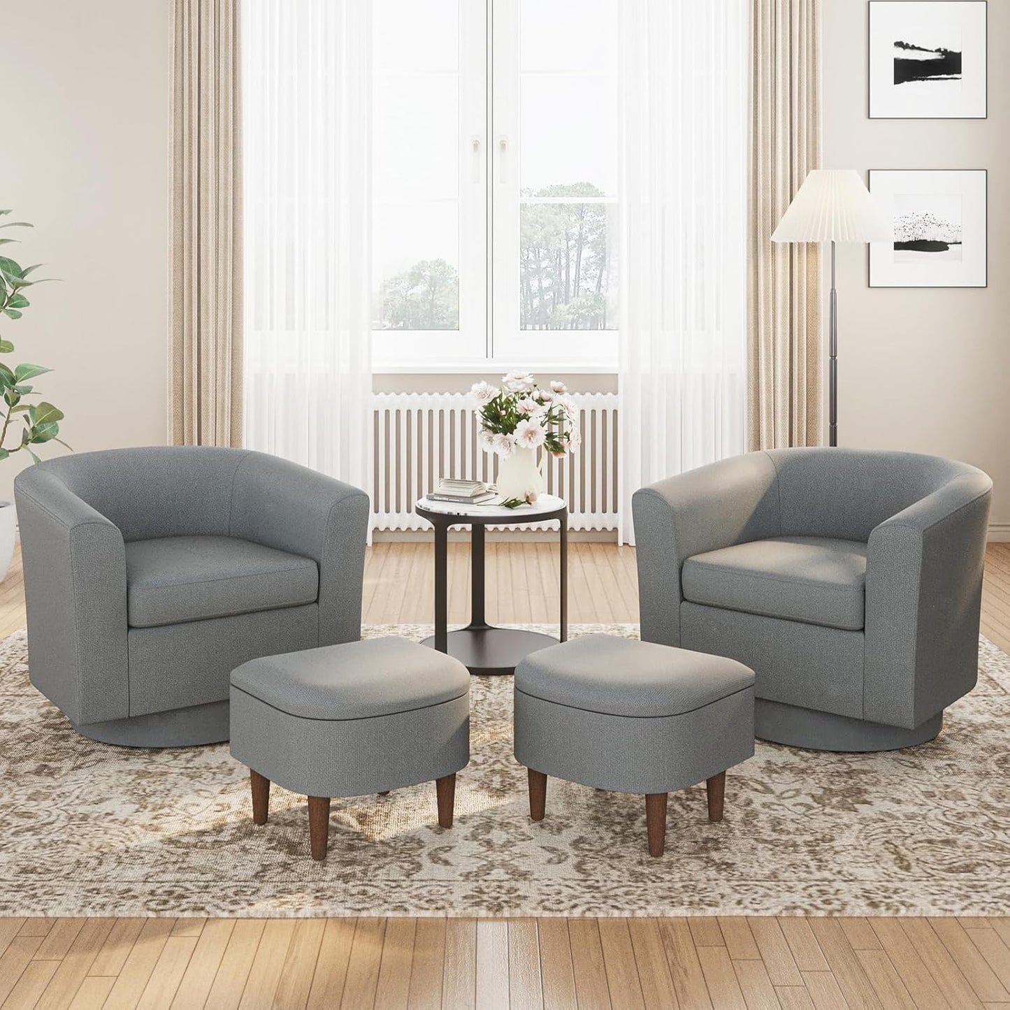 Swivel Accent Chair + Ottoman Set - Storage Space, Dark Grey