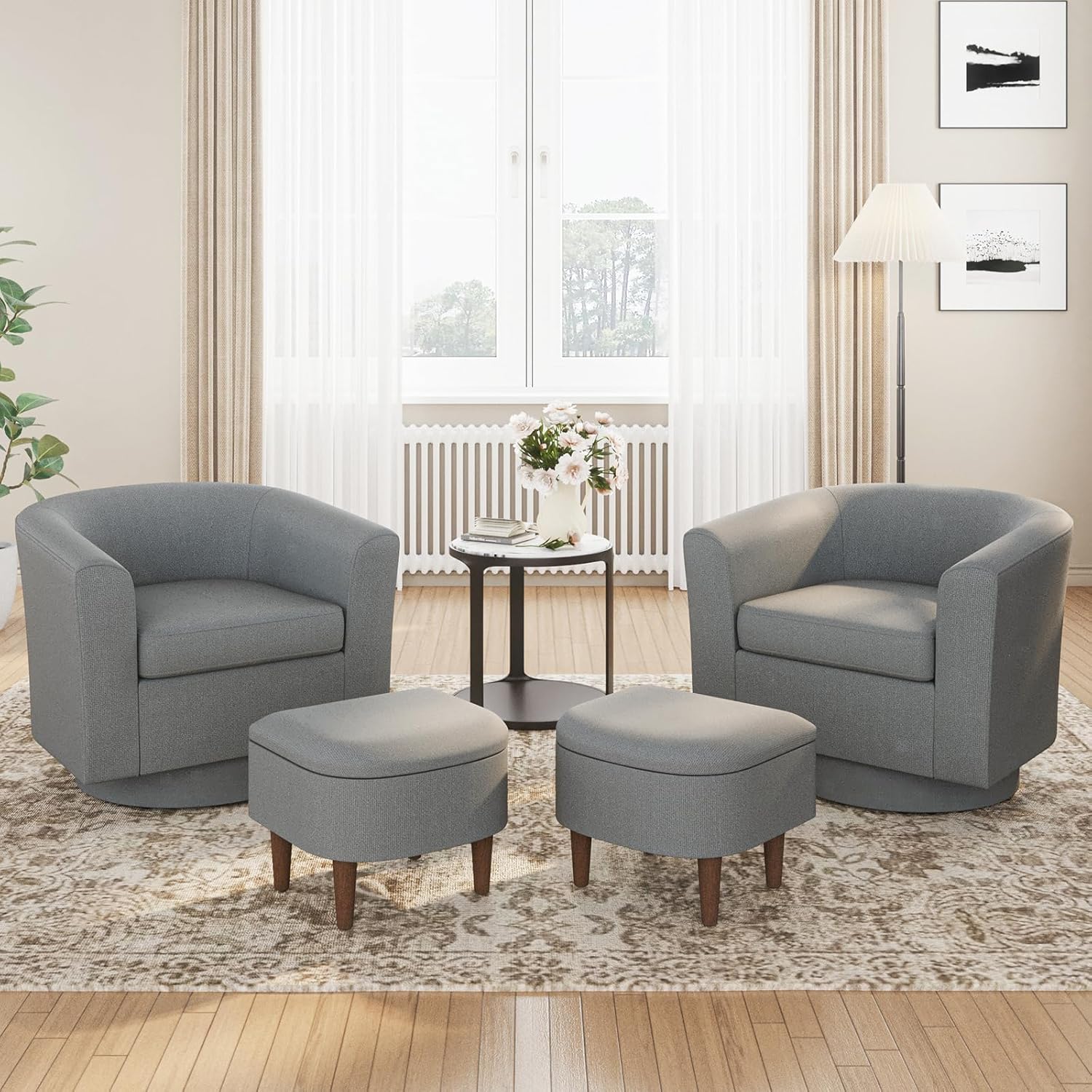 Swivel Accent Chair + Ottoman Set - Storage Space, Dark Grey