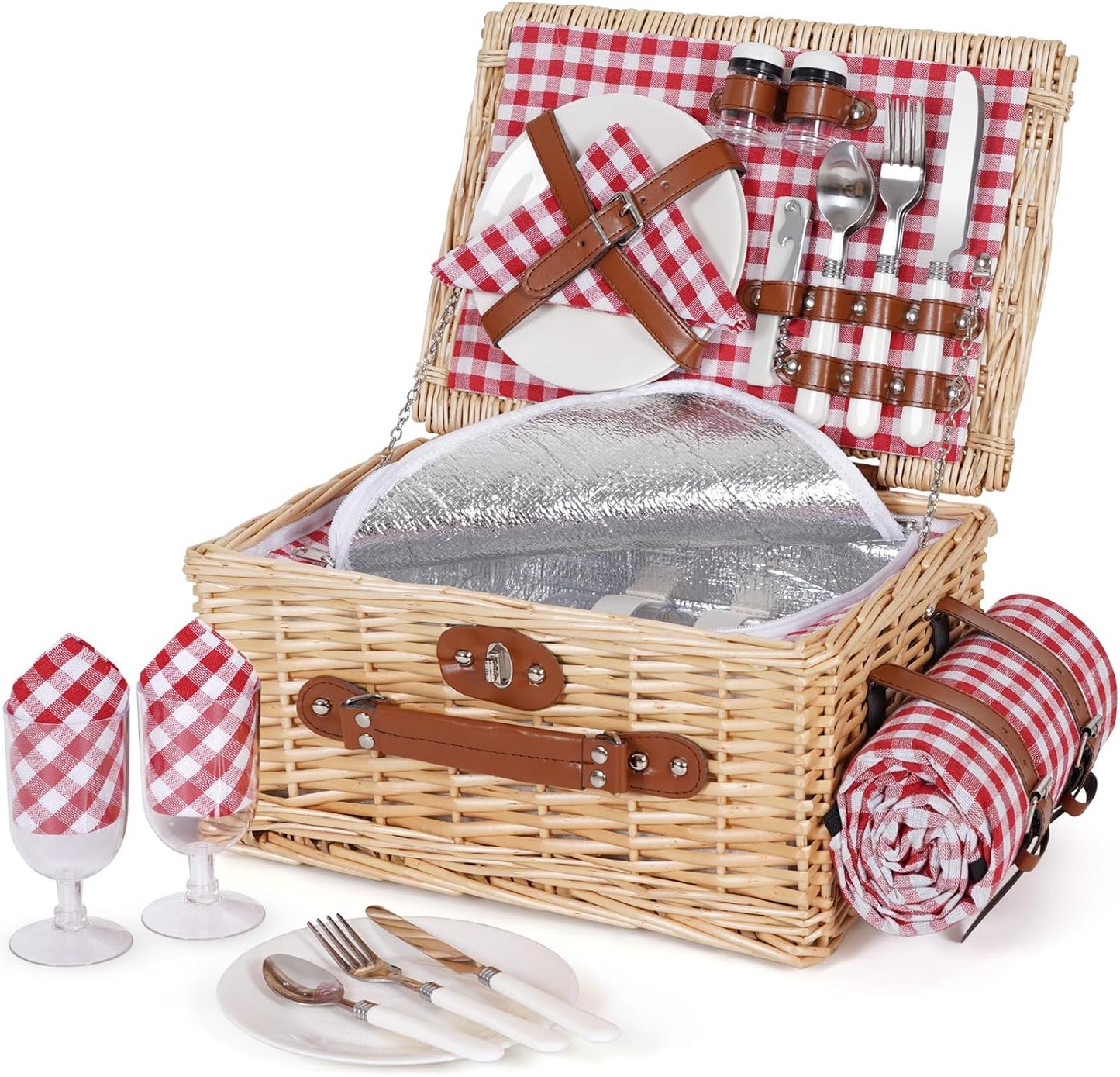 Handmade Wicker Picnic Basket Set for 2 with Blanket & Cutlery